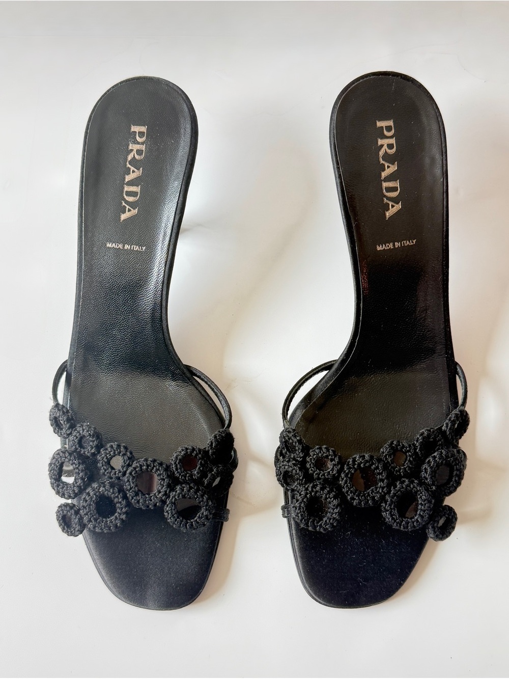 Vintage Prada Crochet Mirror Mules – Size 37.5 (With Box & Dust Bag)